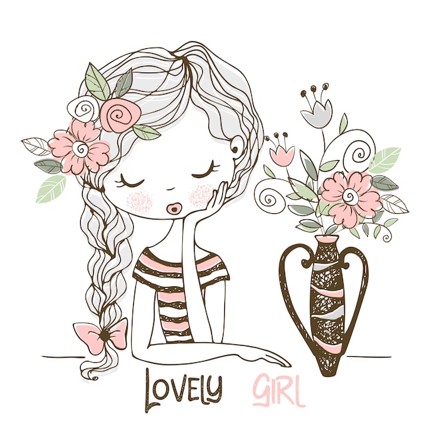 Ragazza adorabile con i fiori in un vaso. stile doodle.