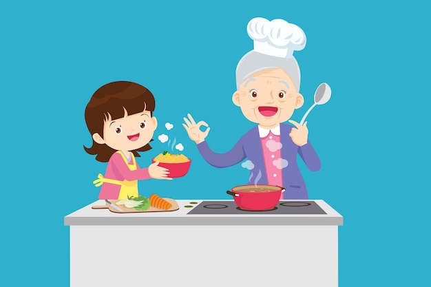 Lovely grandmother and child girl cooking in kitchen okay gesture