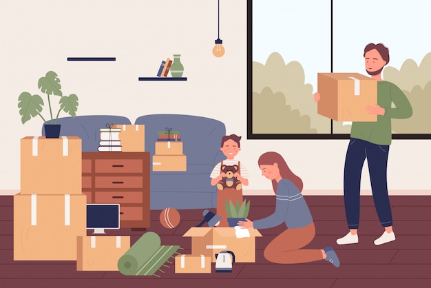 Lovely happy family moving into new apartment flat illustration. parents and son characters unpacking things from cardboard boxes in light room with large window. relocation process.