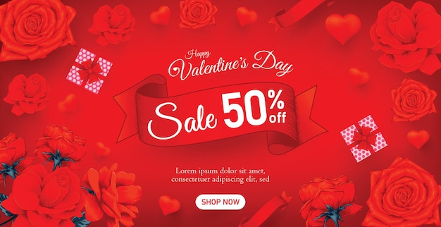Bella bandiera o poster di vendita di san valentino felice con fiori di rosa rossa.