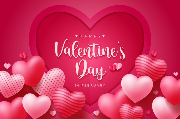 Lovely happy valentines day pink background with realistic 3d hearts frame design