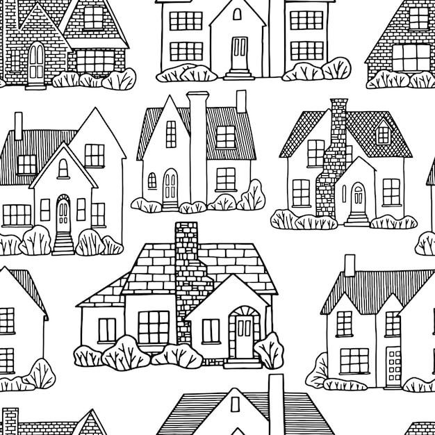 Lovely houses vector seamless pattern. Cozy home, homestead, cottage, villa. Ornament in vintage style. Design for wallpaper, background, textile.