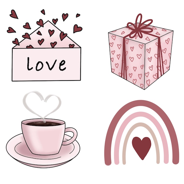 Lovely illustrations of love Boho clipart of rainbow gift envelope and coffee