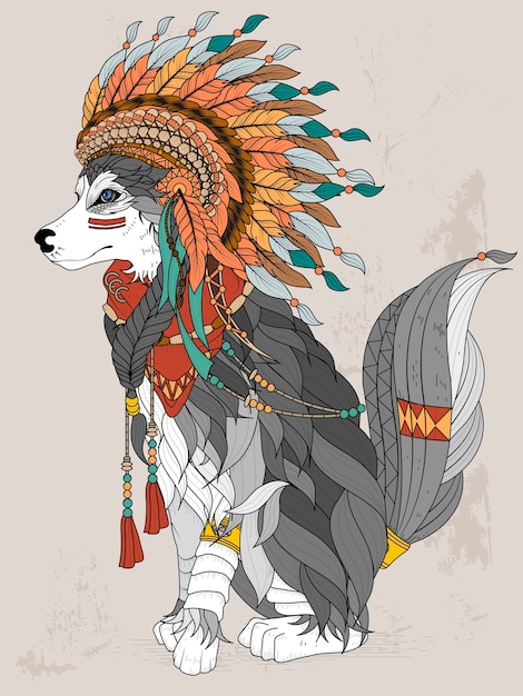 Lovely indian style wolf adult coloring page