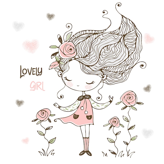 Lovely is a little girl with flowers of roses.