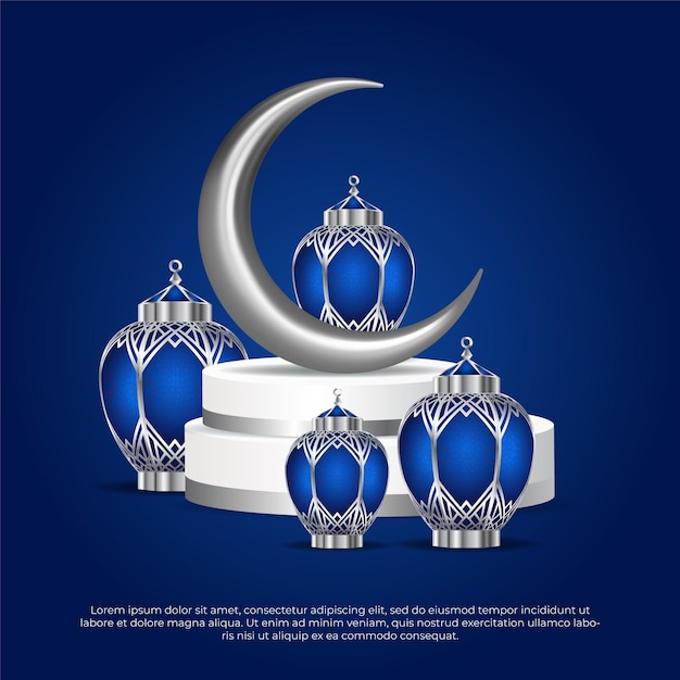 Lovely islamic eid al adha greeting lamp and moon blue background