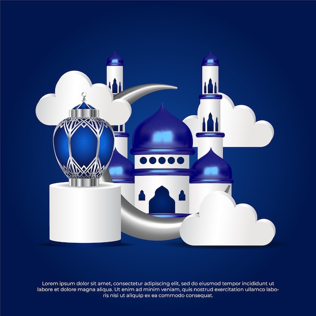 Lovely islamic eid al adha greeting with islamic lamp moon and mosque background