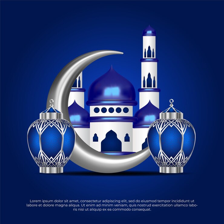 Lovely islamic eid al adha greeting with lamp moon and mosque blue background