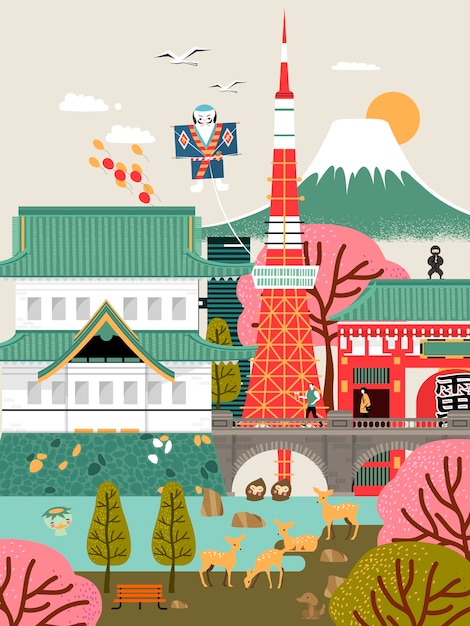 Lovely Japan travel poster with famous attractions