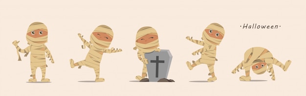 Vector lovely kids in halloween mummy costumes.