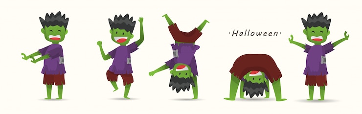 Vector lovely kids in halloween zombie costumes. 