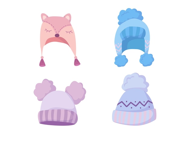 Lovely knitted hats made of natural wool. Cozy winter in pastel colors. Warm clothes for the winter.