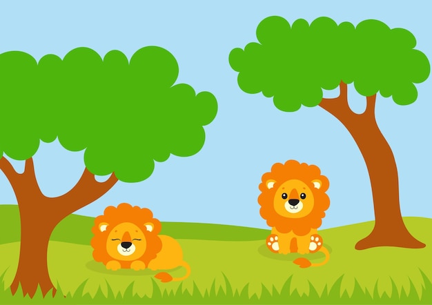 Lovely lions are sitting in a forest clearing