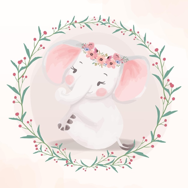 Lovely Little Baby Elephant sitting in forest Nursery watercolor animal with circle flower wreath 220372