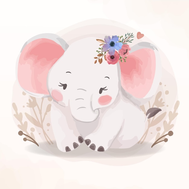 Lovely Little Baby Elephant sitting in forest Nursery watercolor animal with flower wreath