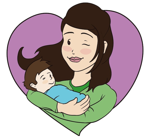 Прекрасная мама с длинными волосами, несущая своего ребенка на руках, подмигивая тебе в розовой каркасе в форме сердца.