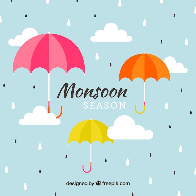 ベクトル 傘を持つ素敵なモンスーン季節のコンポジション