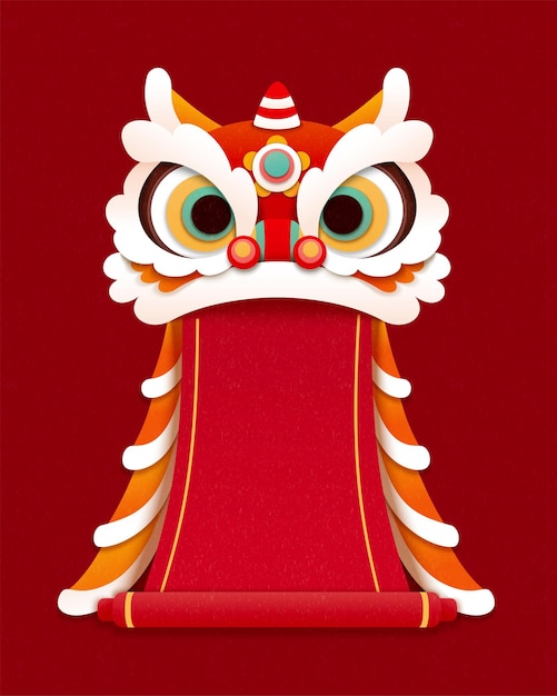 Lovely papercut lion dance design element with blank red scroll