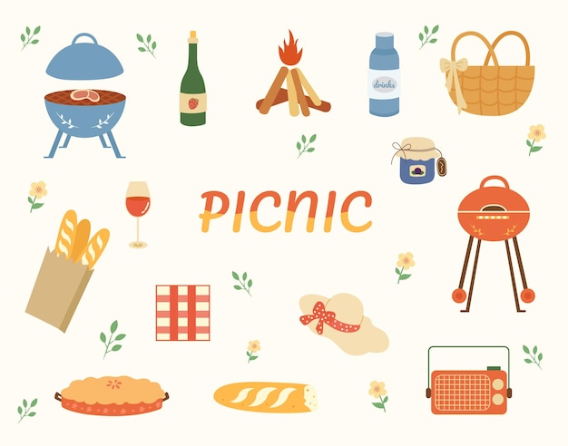 Vector lovely picnic food and drinks