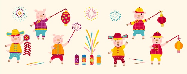 Vector lovely piggy playing with fireworks