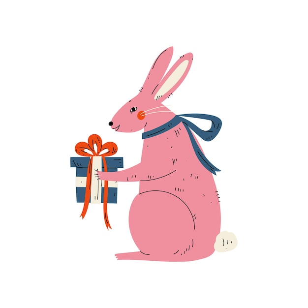 Lovely Pink Bunny Sitting with Gift Box Cute Animal Character for Happy Birthday Design Vector Illustration on White Background