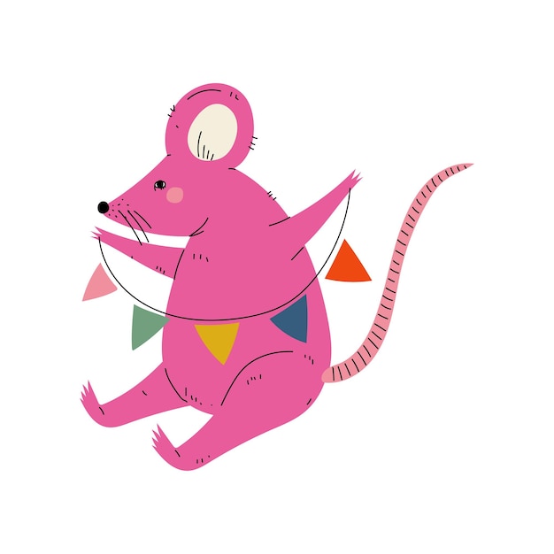 白い背景にパーティーフラグを持つ素敵なピンクのマウスお誕生日おめでとうデザインベクトルイラストのかわいい動物キャラクター