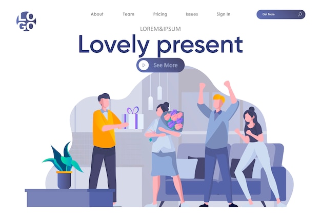 Lovely present landing page with header. Friends celebrating birthday and giving gift to girl scene. People relationships and friendship, happy birthday congratulation flat illustration.