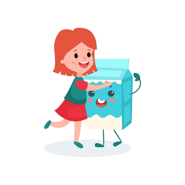 Прекрасная рыжая девушка обнимает гуманизированную картонную коробку молока, здоровую пищу для детей мультфильм векторные иллюстрации, изолированные на белом фоне