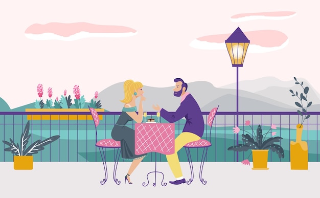Vector lovely romantic date in cafe couple sitting restaurant terrace cozy place pair meeting flat vector