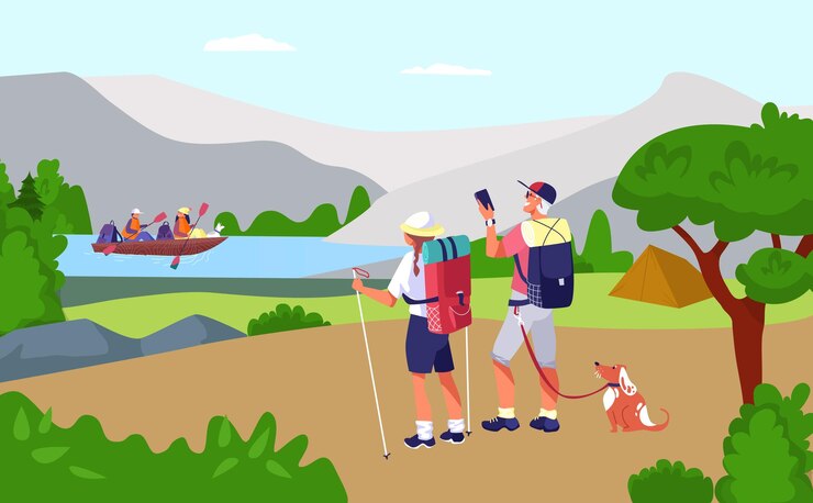 Lovely romantic touristic couple pedestrian walk outdoor travel female male with dog trip boat flat vector illustration backpack hiking