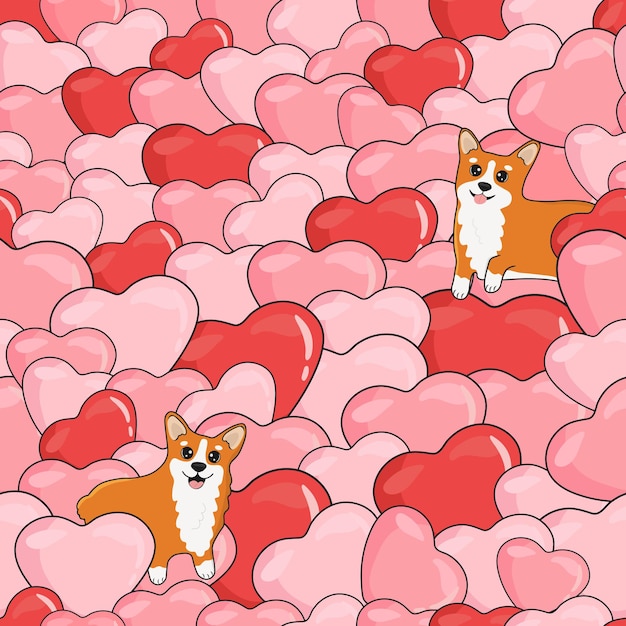 Bel modello senza cuciture con cuori e corgi carino. fondo di festa di vettore. san valentino.