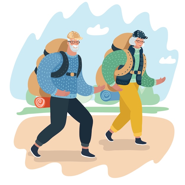 Lovely senior couple laughing and talking walking wearing climbing clothing and equipment
