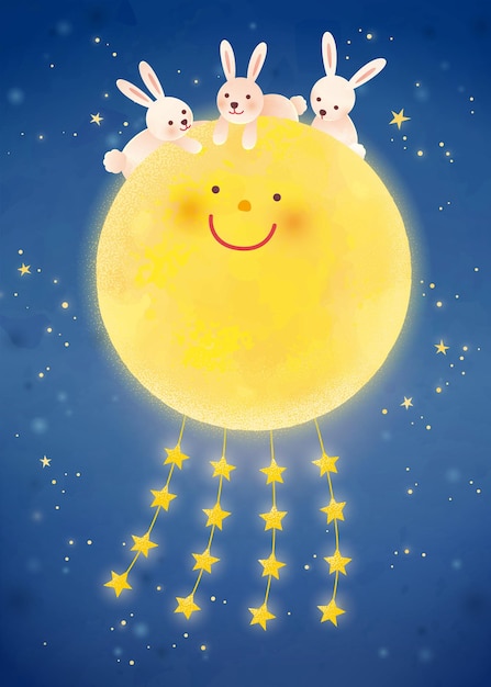Вектор Прекрасная улыбающаяся луна с кроликами на ней, иллюстрация для фестиваля середины осени