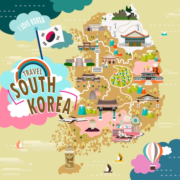 Lovely South Korea travel map in flat style