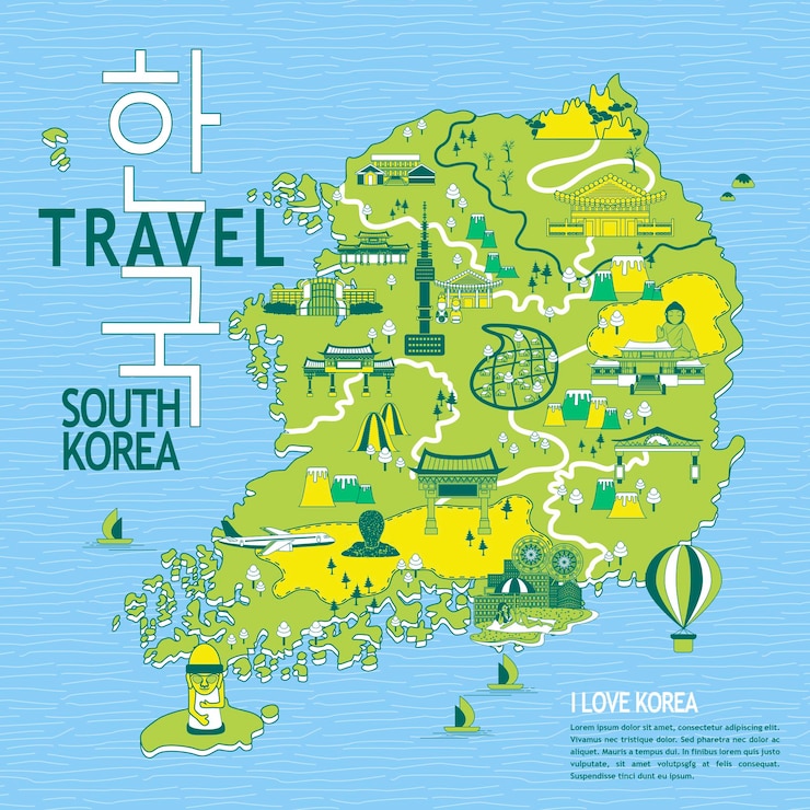 Vector 사랑스러운 한국 여행지도 - 왼쪽 상단에 한국어로 된 한국