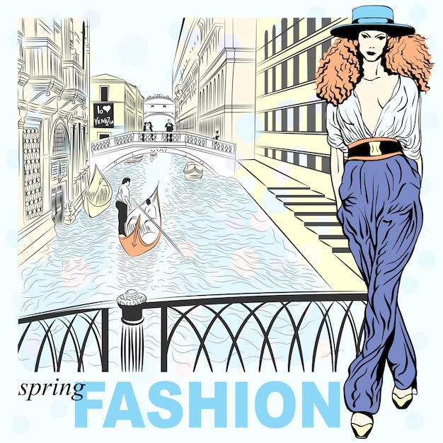 Lovely spring fashion girl in sketch-style in Venice