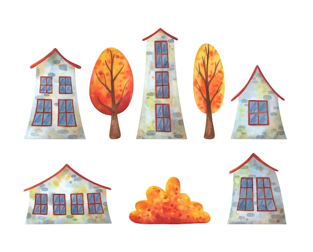 Lovely stone houses and autumn trees. Set of  illustrations