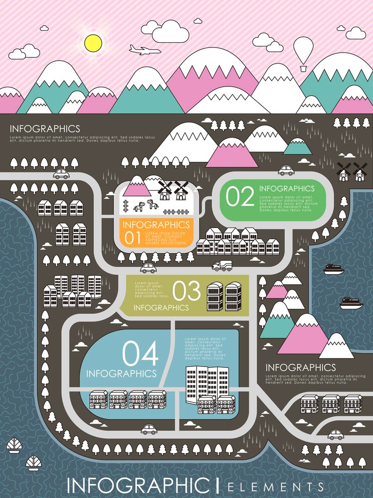 Vector lovely town scenery infographic template in flat design style
