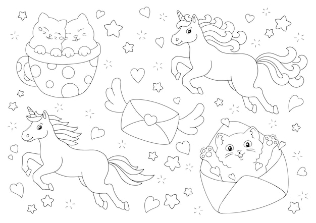 Lovely unicorns, cute cats, a flying envelope. coloring book page for kids. valentine's day.