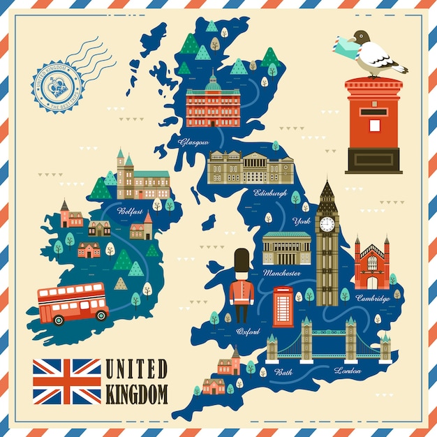 Вектор Прекрасная карта путешествия соединенного королевства с достопримечательностями