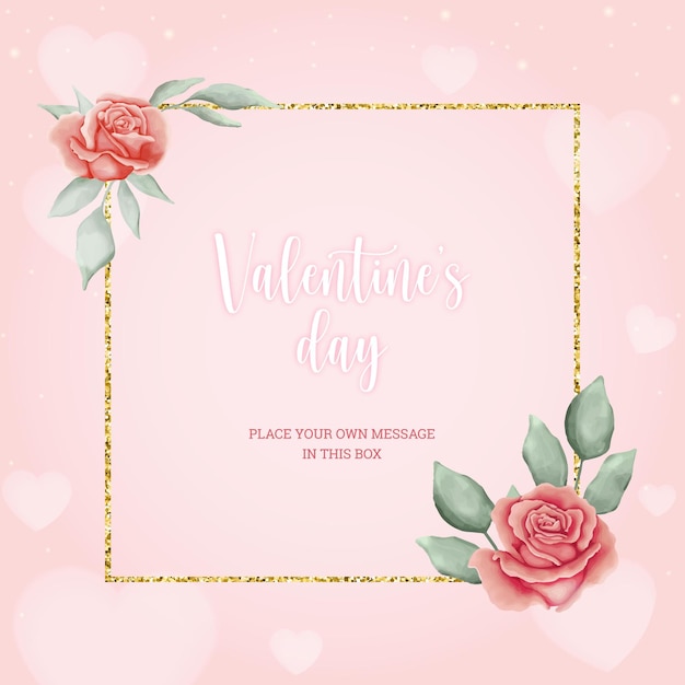 Lovely Valentine's day pink card with watercolor roses and leaves