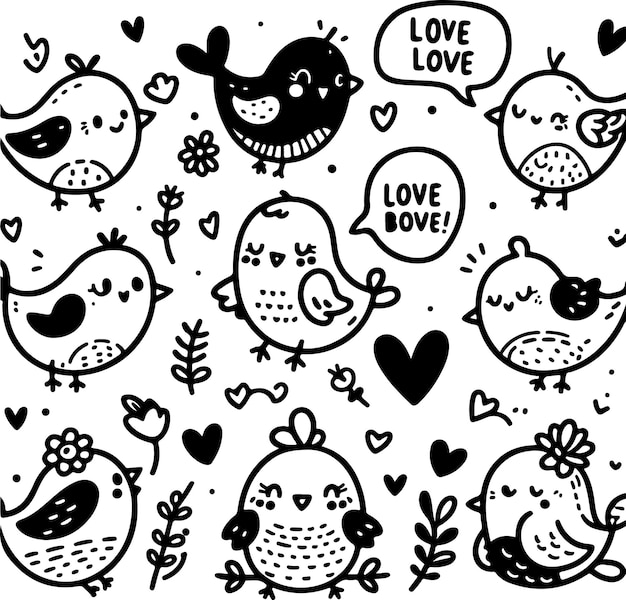 Lovely valentines birds black outline vector illustration