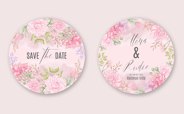 Lovely wedding invitation round card template with beautiful watercolor floral frame