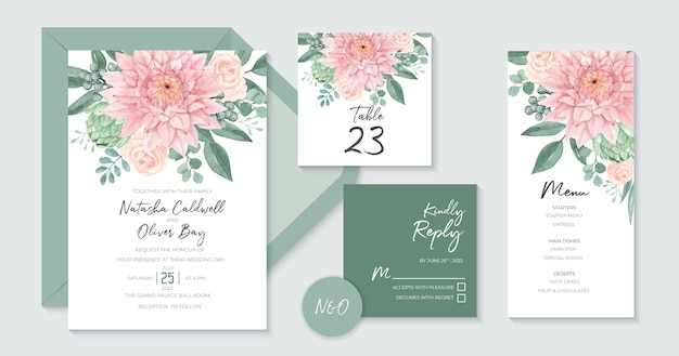 Lovely wedding invitation template  with beautiful watercolor dahlia