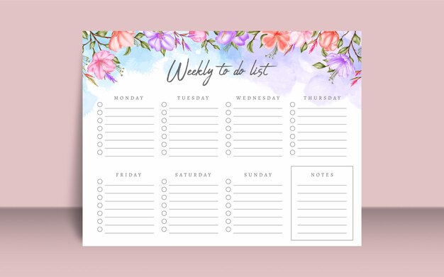 Vector lovely weekly to do list template with watercolor floral