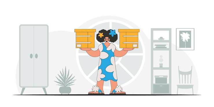 Vector lovely woman holds boxes in her hands a depiction of the transportation of packages and freight