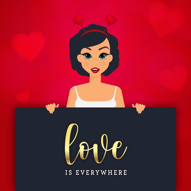 Vector lovely woman with valentine's day greetings card on red background with hearts