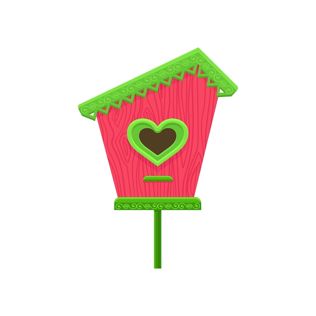 Bella casetta per uccelli in legno con foro a forma di cuore scatola di nidificazione rosa con tetto verde su supporto elemento vettoriale piatto per cartolina