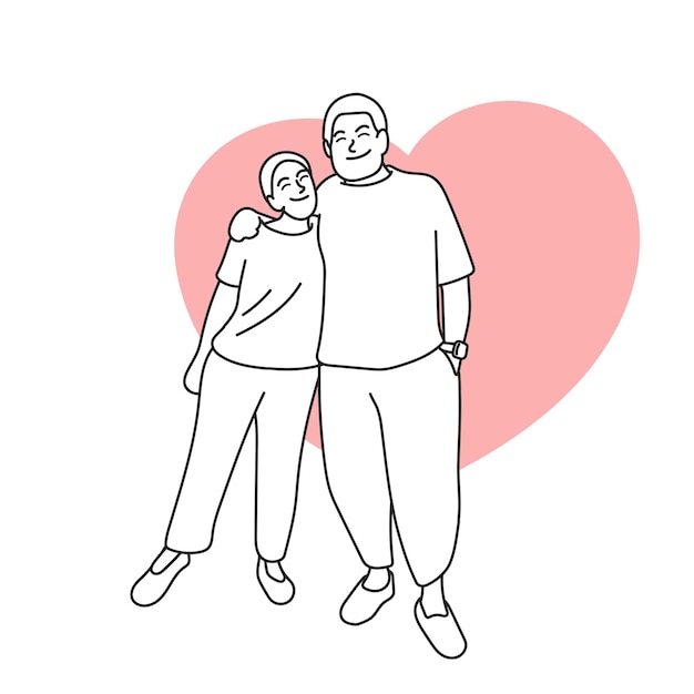 влюбленная пара обнимается на большой розовой форме сердца иллюстрация вектора, нарисованная рукой, изолирована