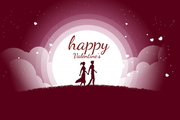 Lover couple holding hand walking with flying heart background